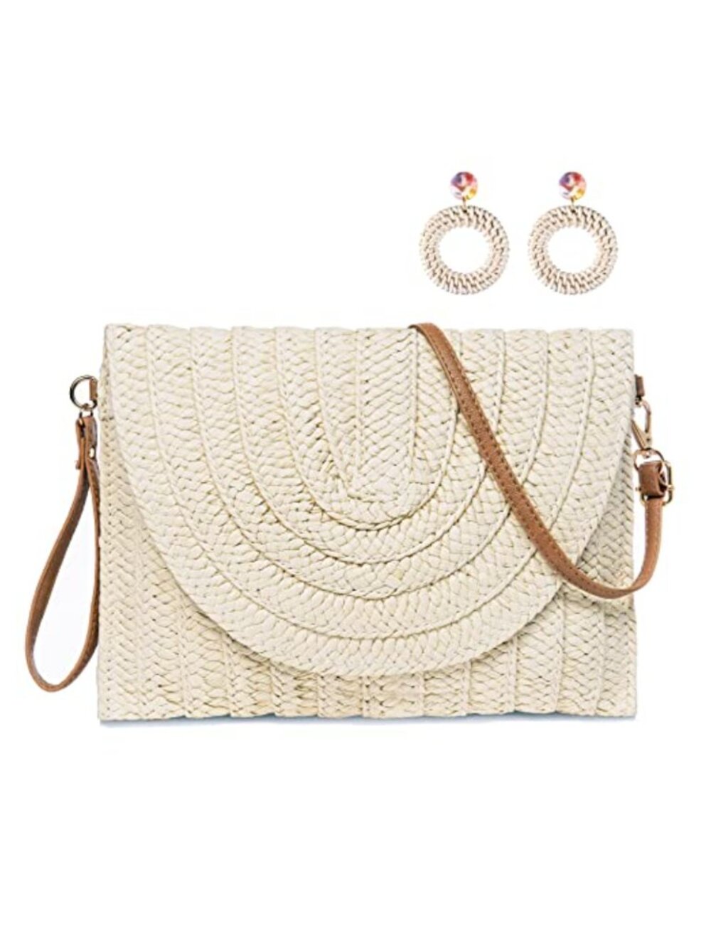 Straw Clutch Shoulder Bag Woven Beach Purse with Rattan Earrings Set